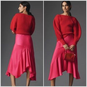 Anthropologie Red and Pink Asymmetrical Midi Skirt